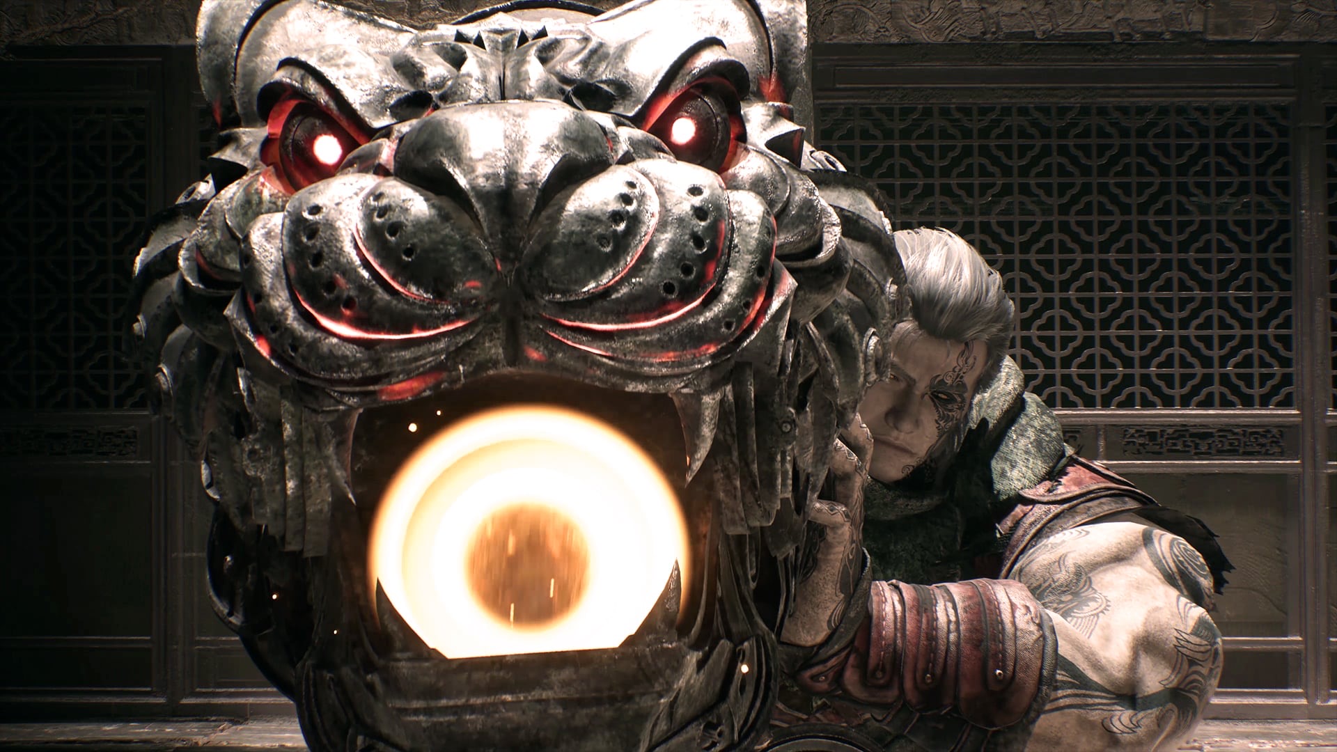 A warrior behind a lion-headed furnace cannon