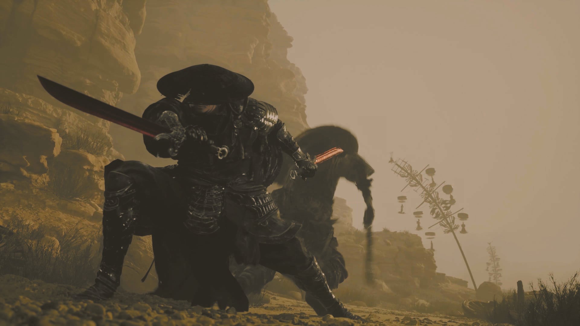 Soul crouches with a blade in a sandstorm-swept canyon