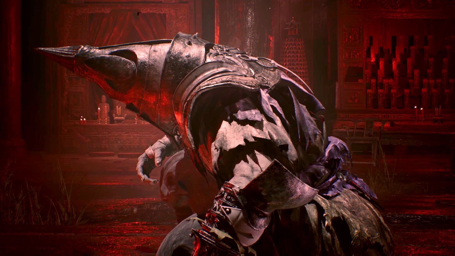 An armoured, horned brute in a blood-red hall
