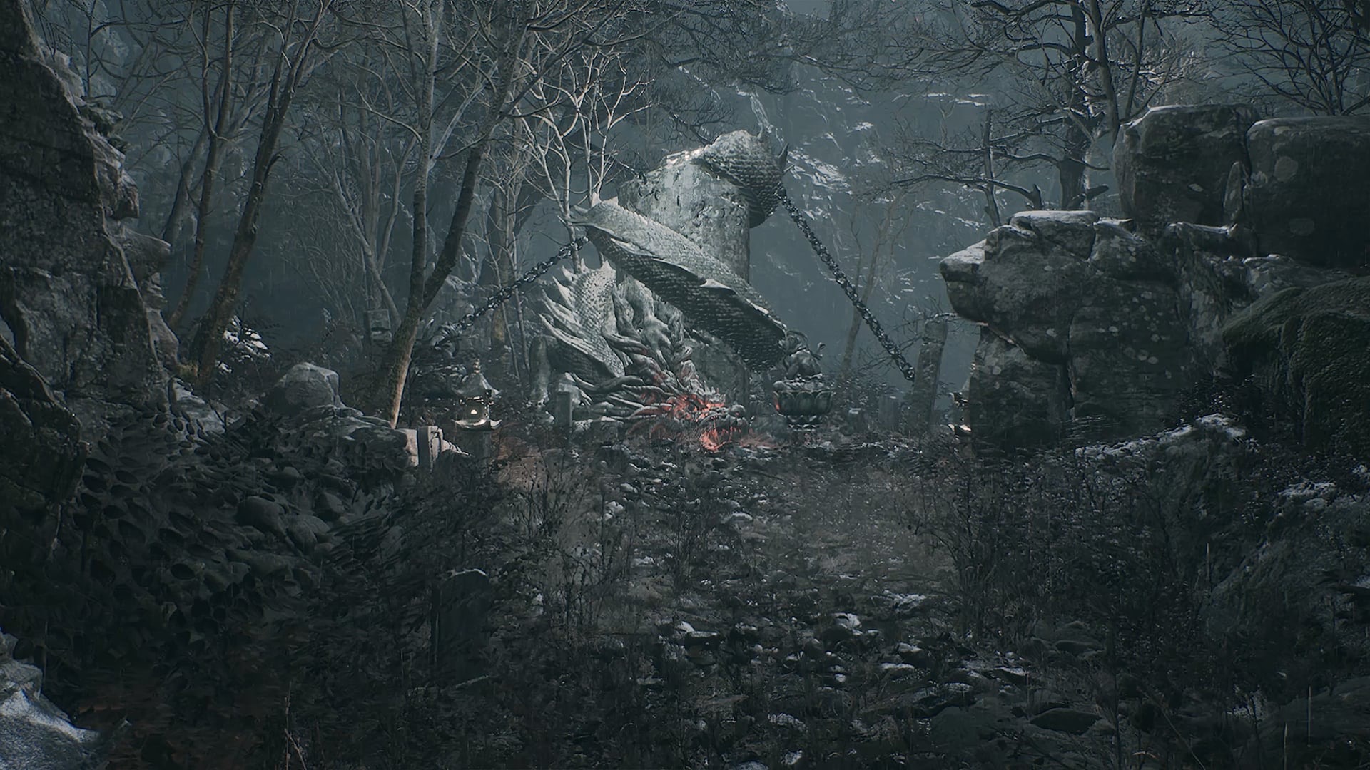 A chained stone dragon in a frozen forest